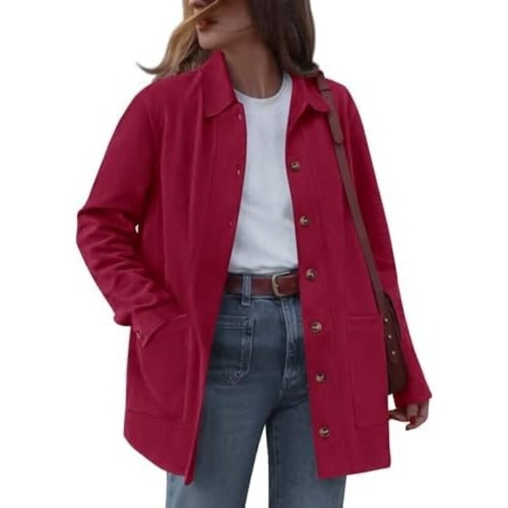 Women's Faux Leather Long Sleeve Red Button Down Jackets Coats Outerwear